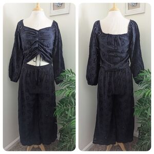 Listicle Navy Blue Two Piece Jumpsuit Eyelet Long Sleeve Top & Pants Large